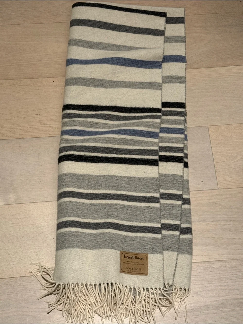 Brooklinen Lambswool Throw - Cream, Gray and Blue Striped Throw